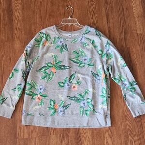 Old Navy Gray Floral Sweatshirt with Green Leaves and Coral & Blue Flowers